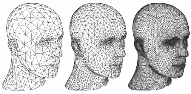 A face represented by a triangle mesh, at increasing levels of detail.